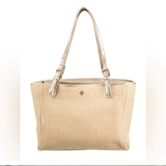 Tory Burch Trimmed Raffia Leather Tote Bag - Picture 1 of 8